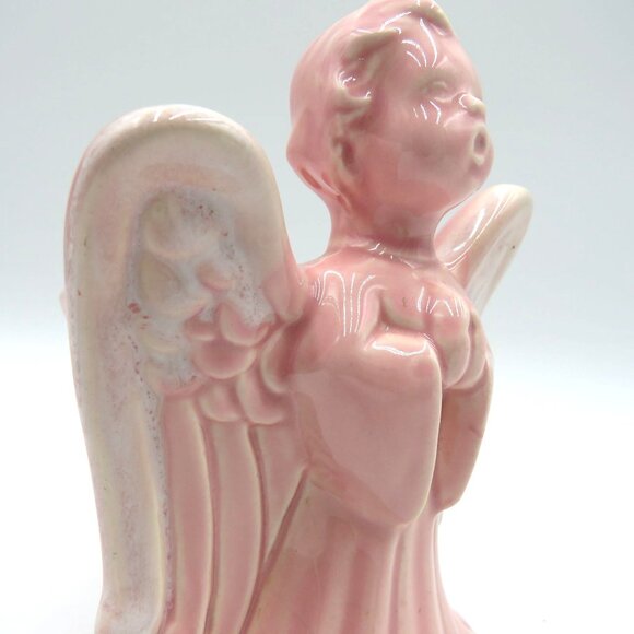 Vintage Wall Pocket Pink Ceramic Singing Angel Figurine 6" Planter Vase - Picture 10 of 10